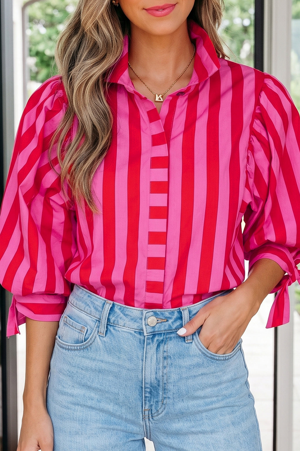 Stripe Tie Puff Sleeve Womens Button Down Shirt