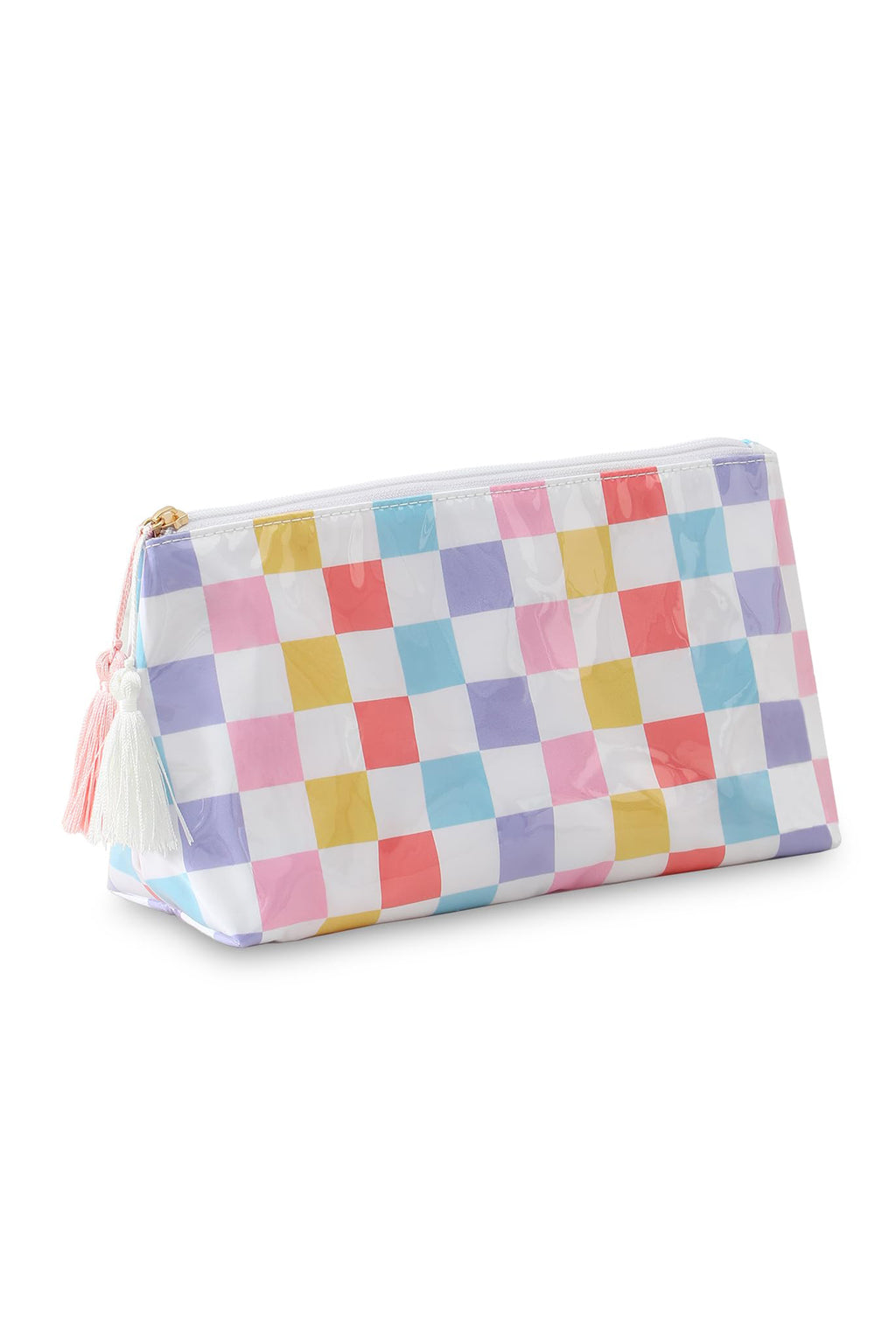 Checkered Vinyl Waterproof Tassel Makeup Bag