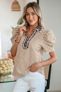 Stripe Short Puff Sleeve Leopard Blouse