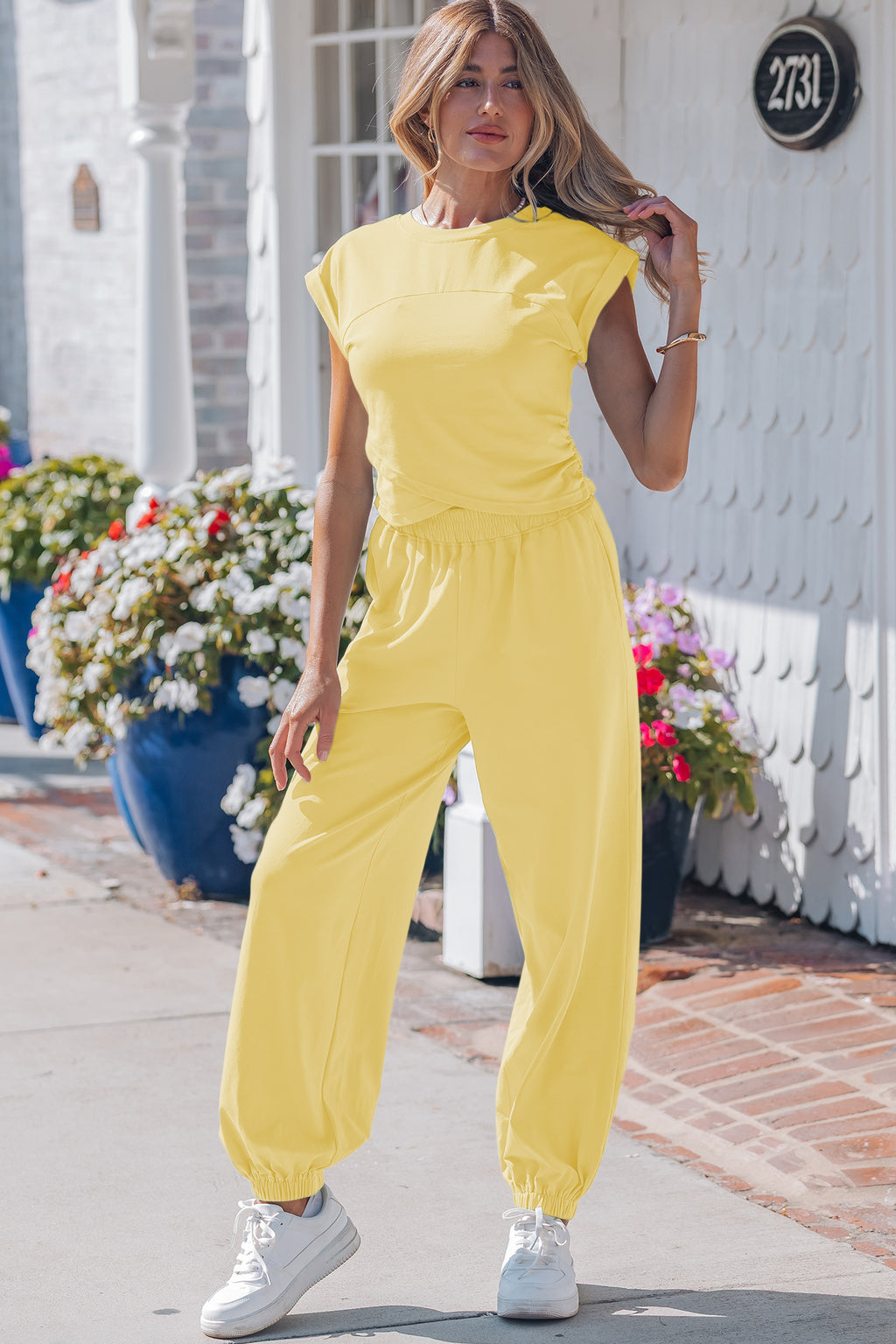 Solid Color Cropped Tank Top and Jogger Pants Set