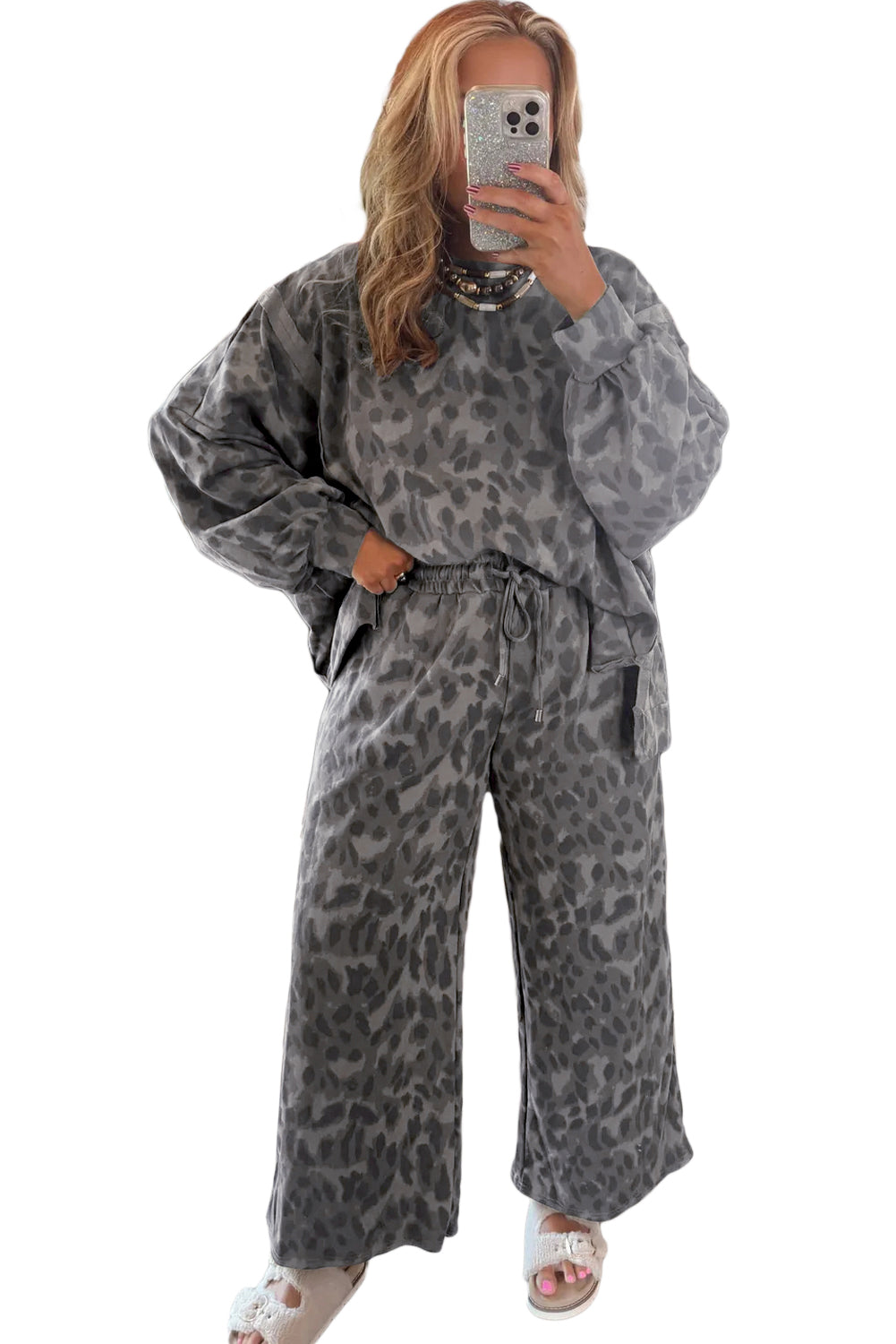 Leopard Print Pullover Drawstring Loose Pants Set