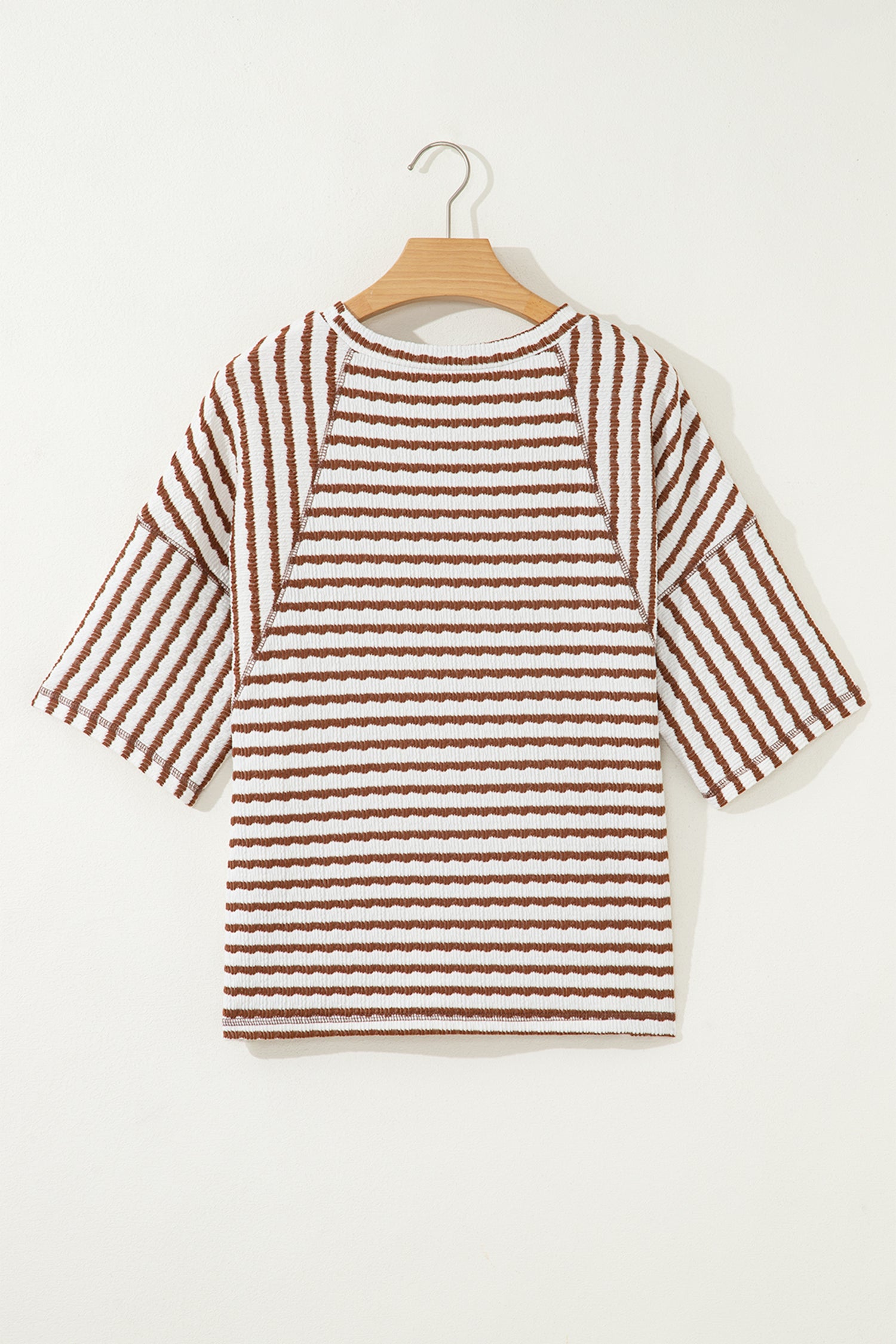 Apricot Stripe Textured Knit Split Hem Half Sleeve Loose Top