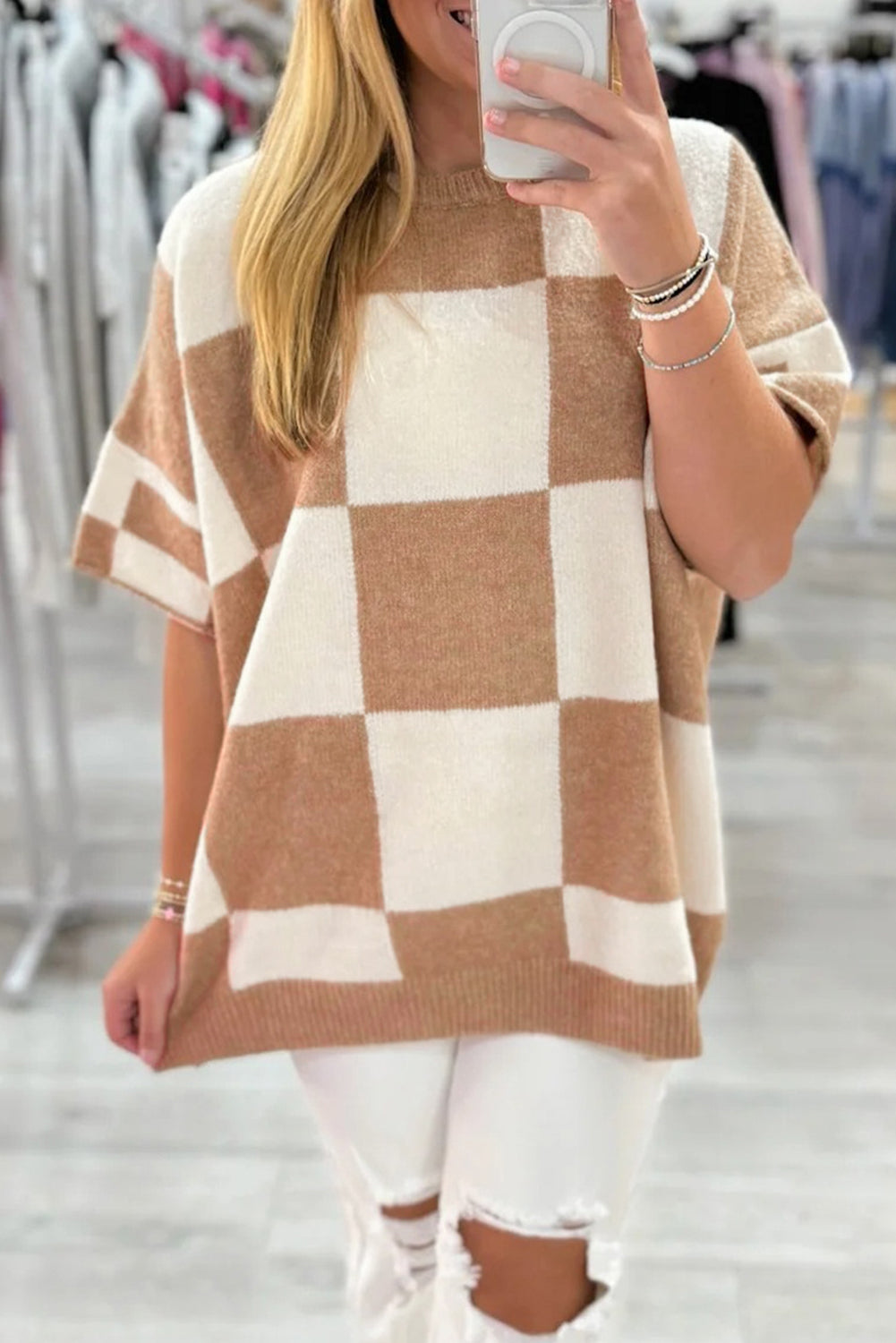Checkered Pattern Loose Short Sleeve Sweater
