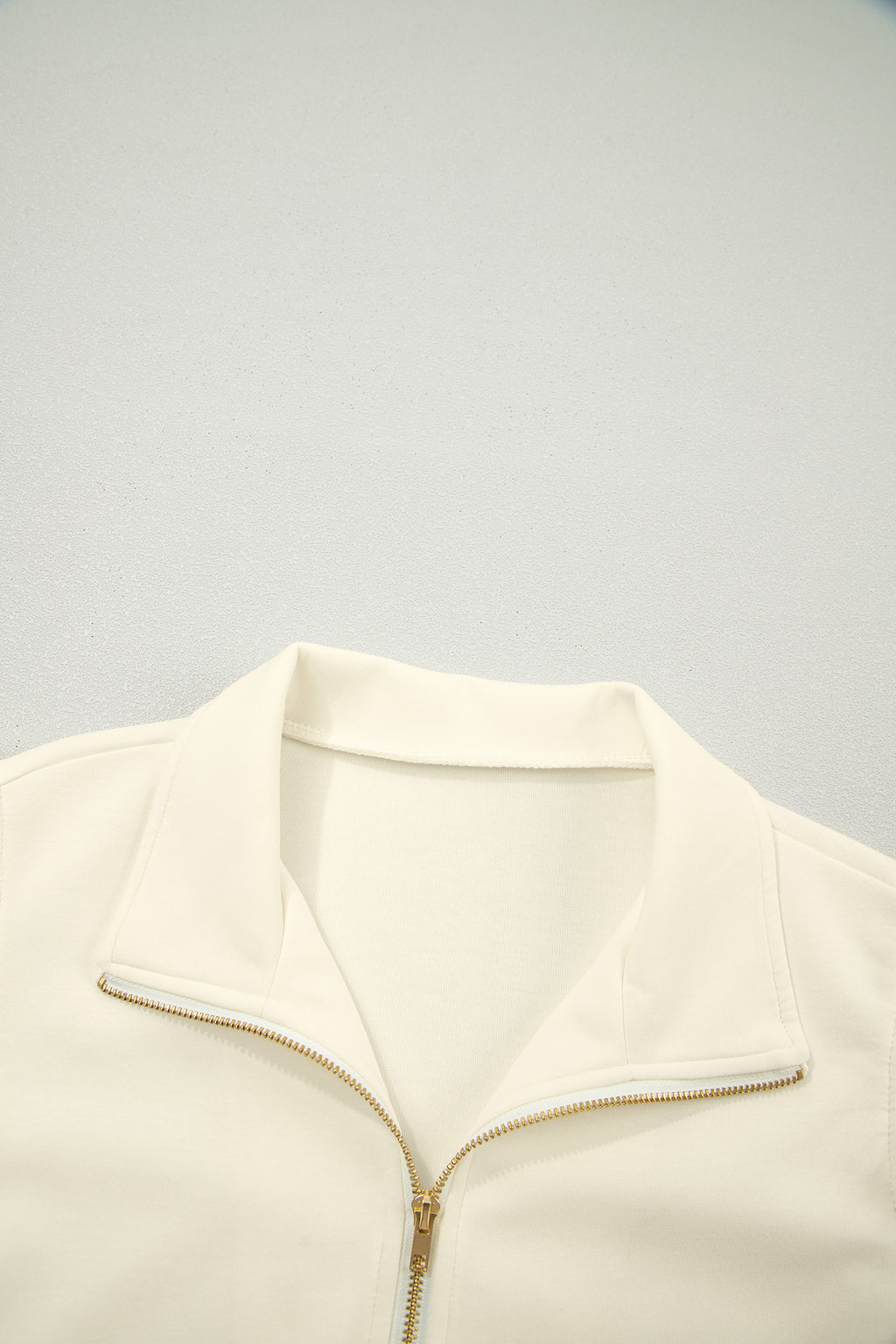 Zip up Collared Ruffled Short Sleeve Blouse