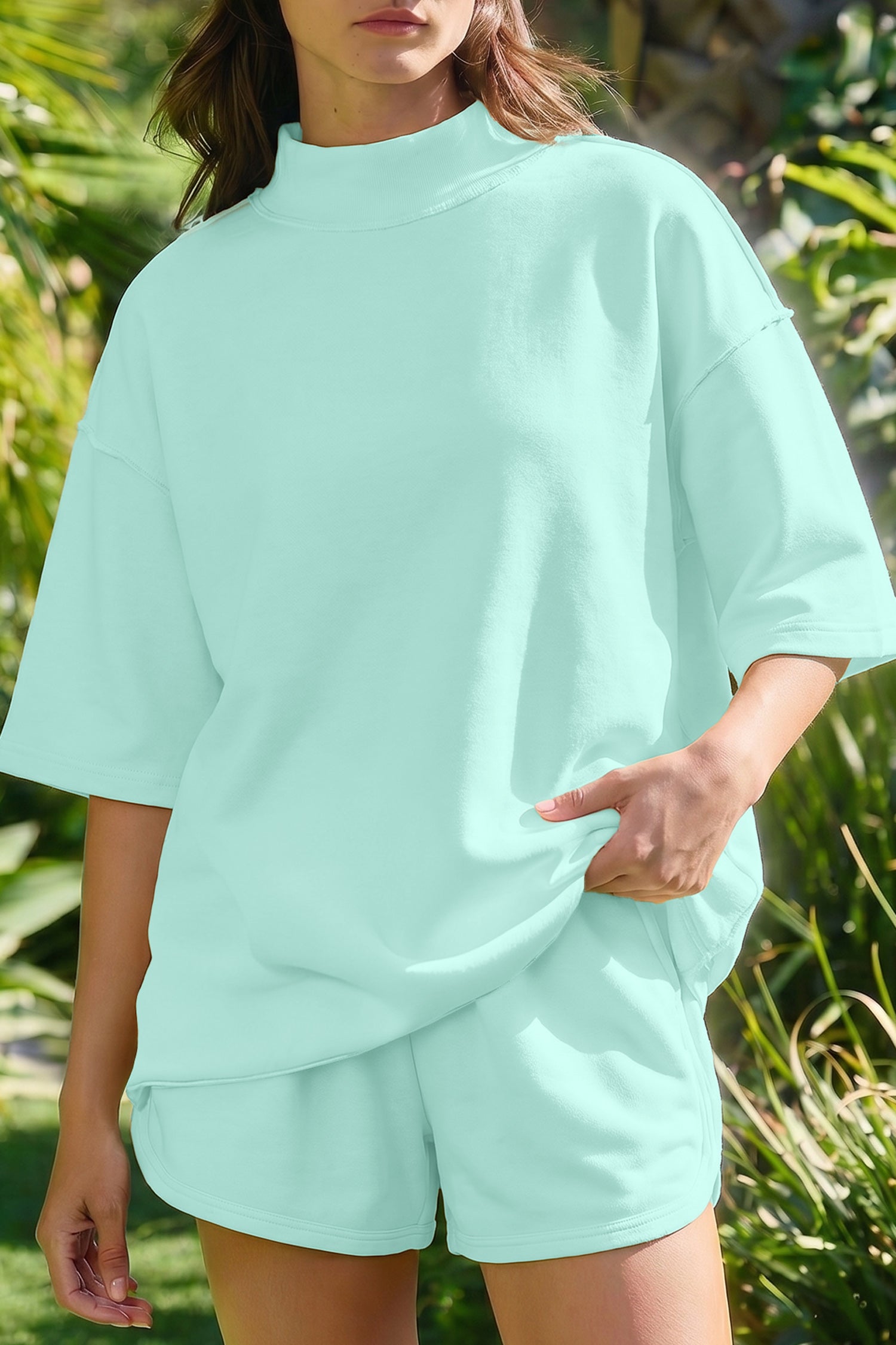 YSolid Color Seam Mock Neck 2 Piece Set