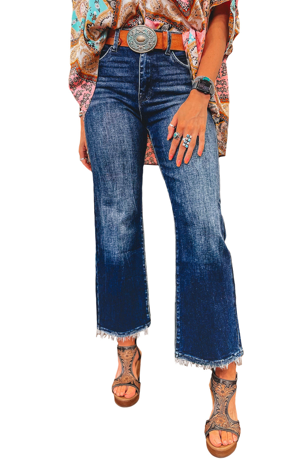 Mineral Wash Raw Hem High Waist Flared Jeans