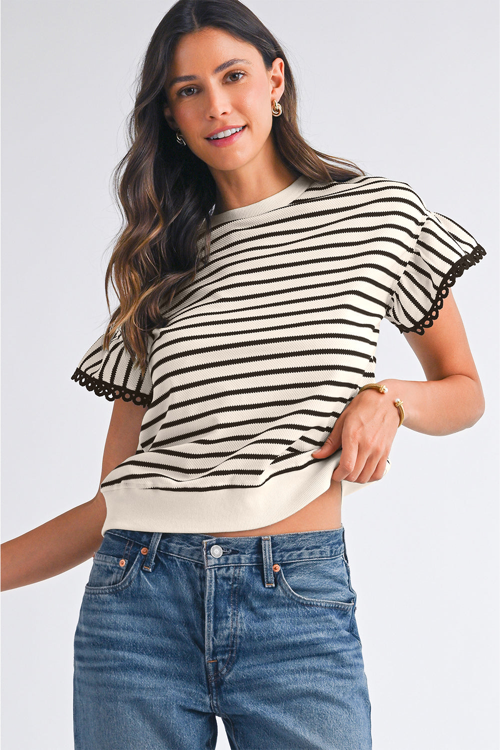 Black Stripe Scallop Ruffle Sleeves Top