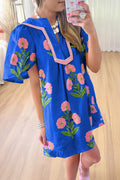 Striped Trim Short Sleeve Floral Mini Dress