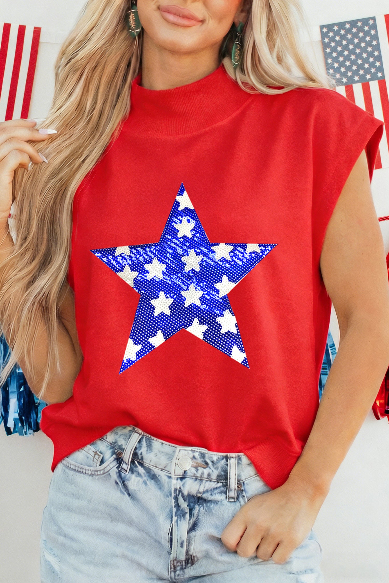 High Neck Sleeveless Star Print Casual Shift Tunic Top