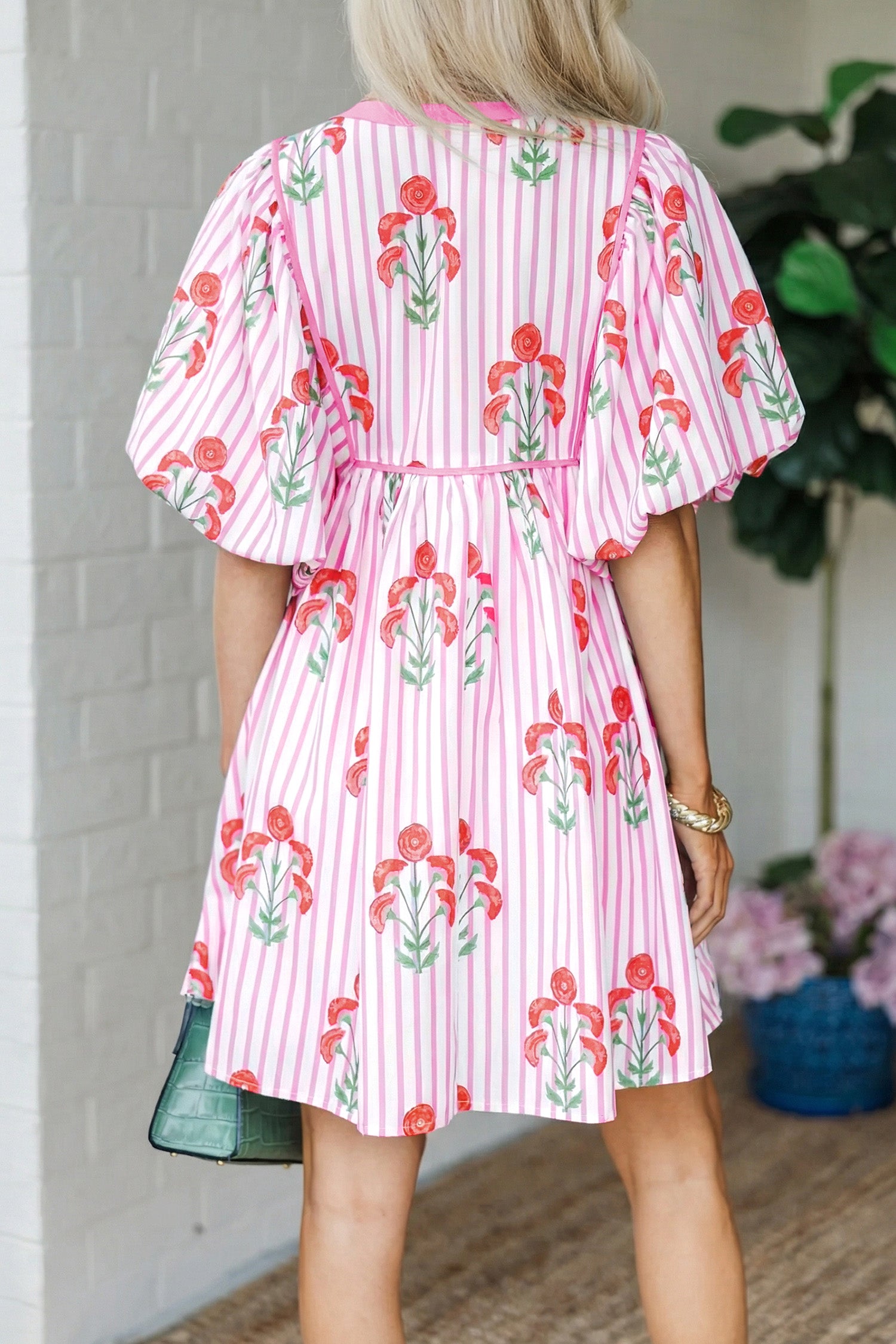 Floral Striped Print Tie Notched Neck Puff Sleeve Flared Mini Dress