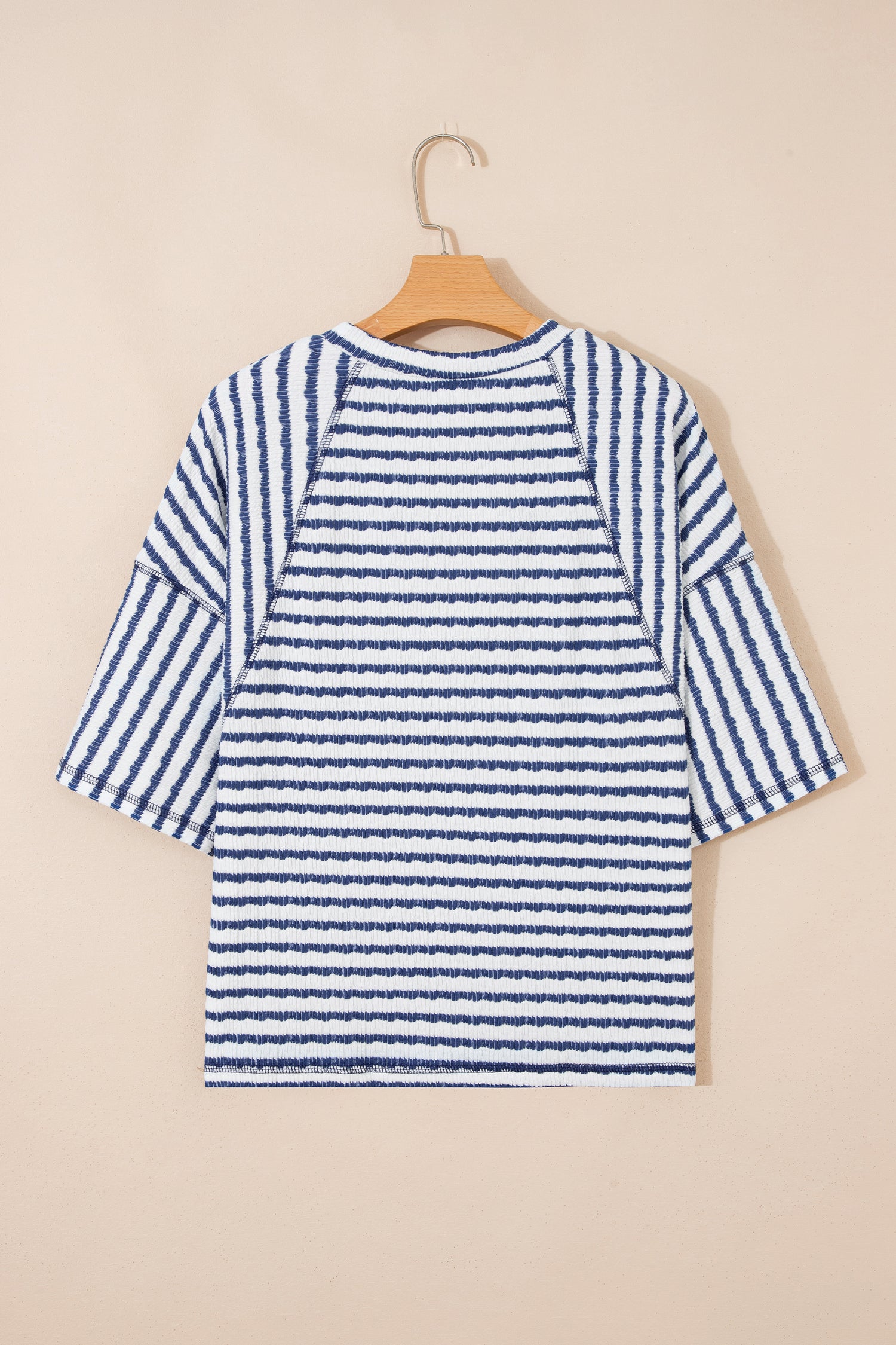 Apricot Stripe Textured Knit Split Hem Half Sleeve Loose Top