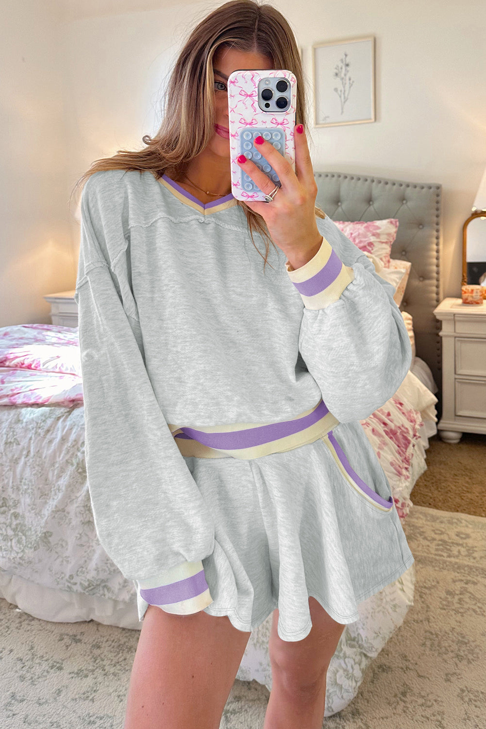 Striped Loose Sweatshirt and Skort Set