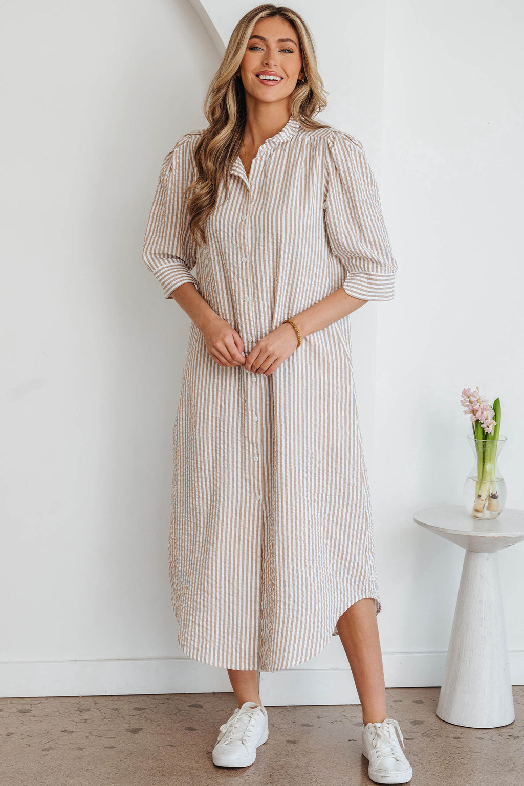 Stripe Frilled Collar Half Sleeve Shirt Maxi Dress