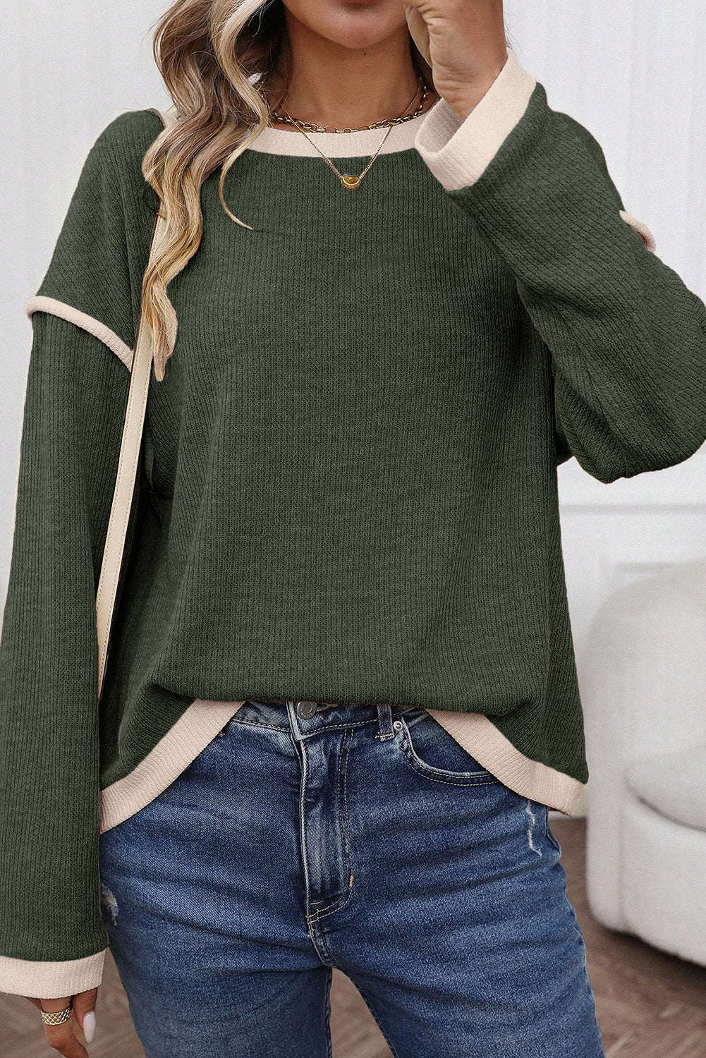 Beige Contrast Color Trim Knit Drop Shoulder Loose Top