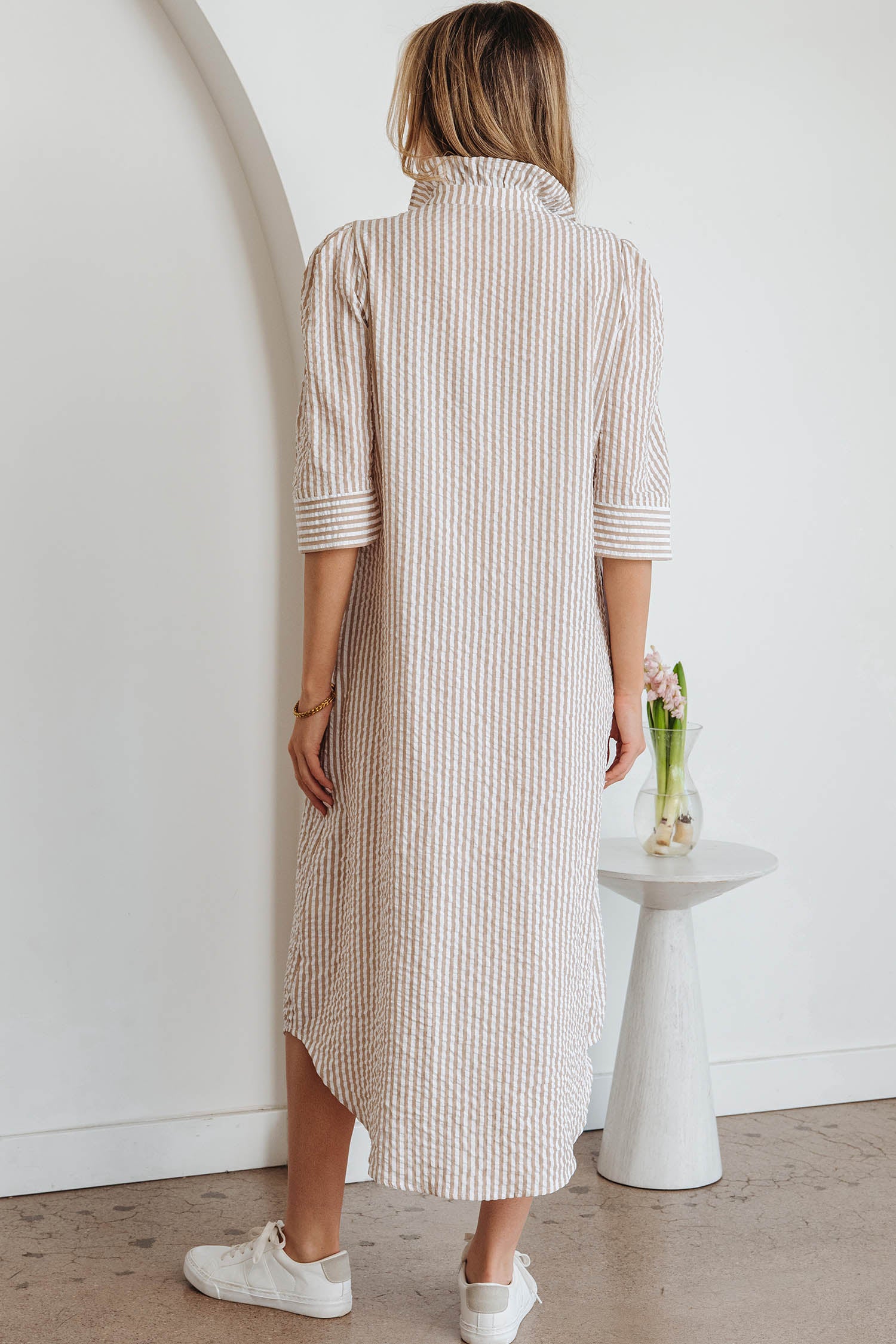 Stripe Frilled Collar Half Sleeve Shirt Maxi Dress