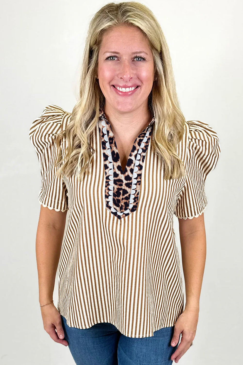 Stripe Short Puff Sleeve Leopard Blouse