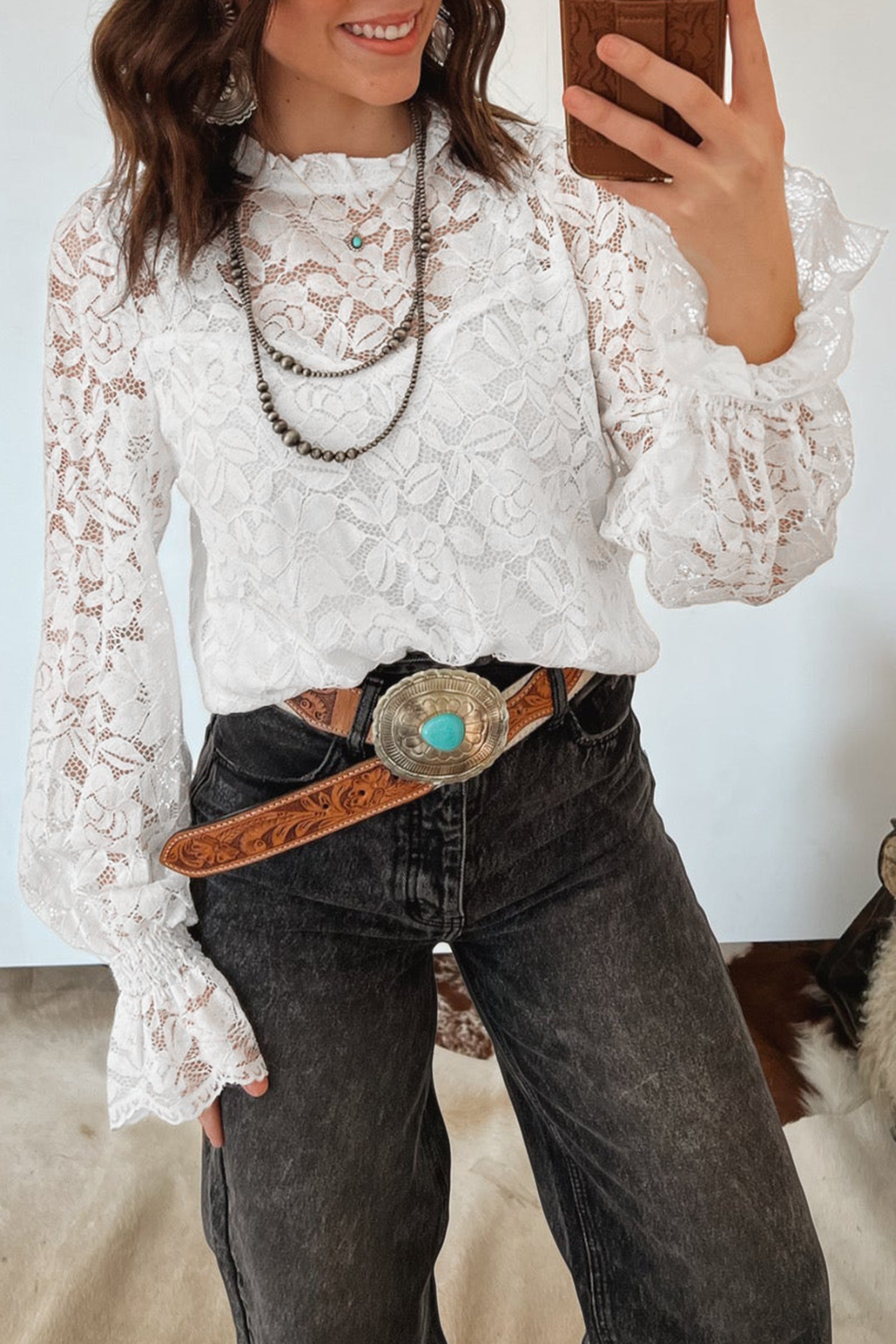 White Ruffled Long Sleeve Sheer Lace Top