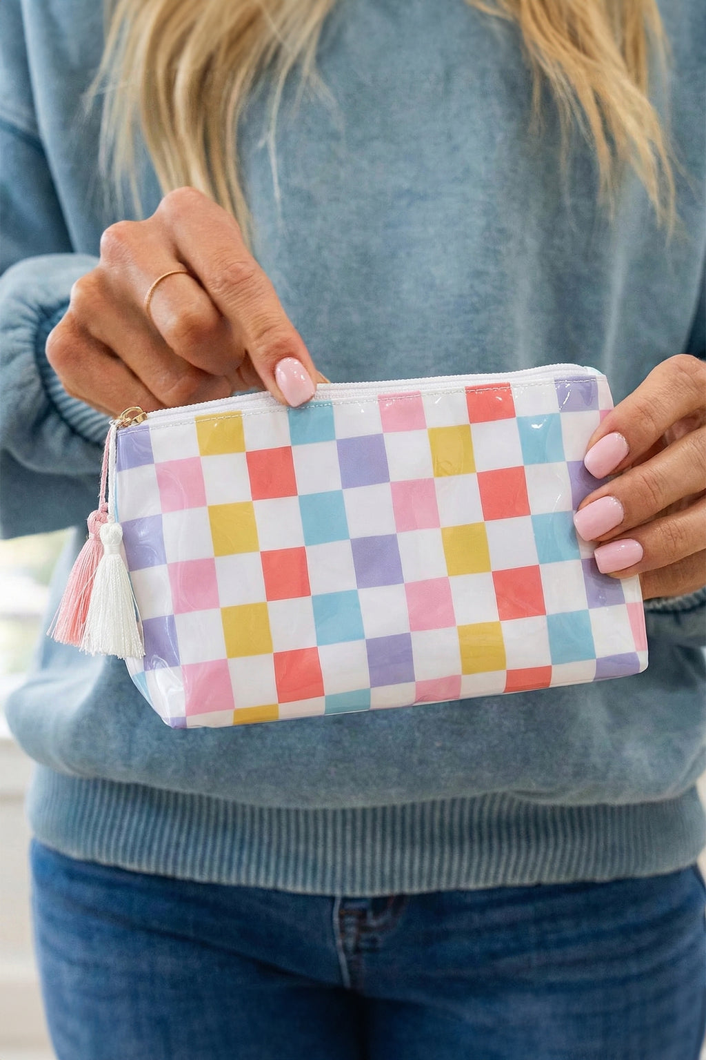 Checkered Vinyl Waterproof Tassel Makeup Bag