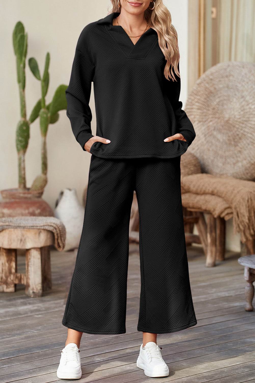 Textured Collared Pants Set