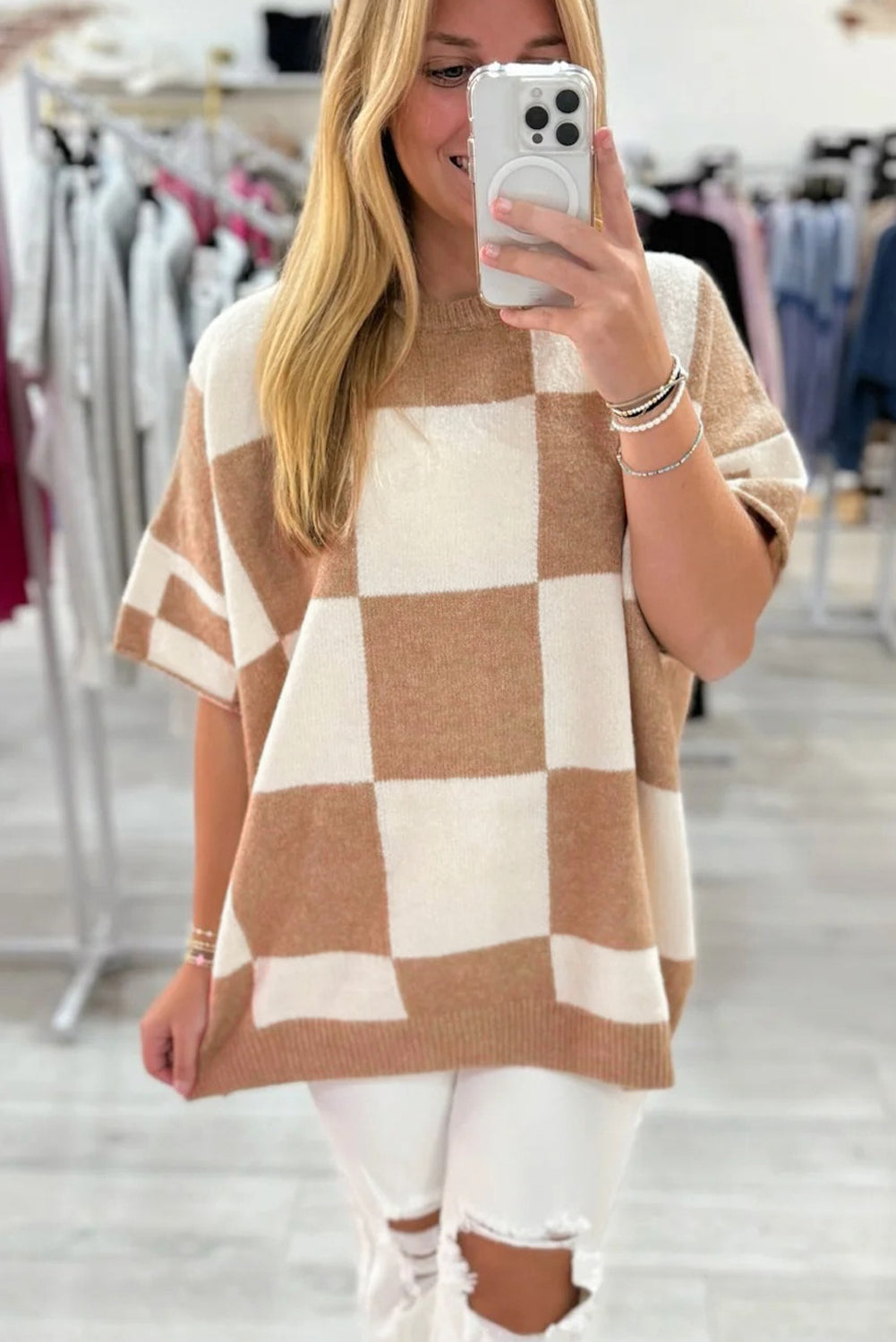 Checkered Pattern Loose Short Sleeve Sweater
