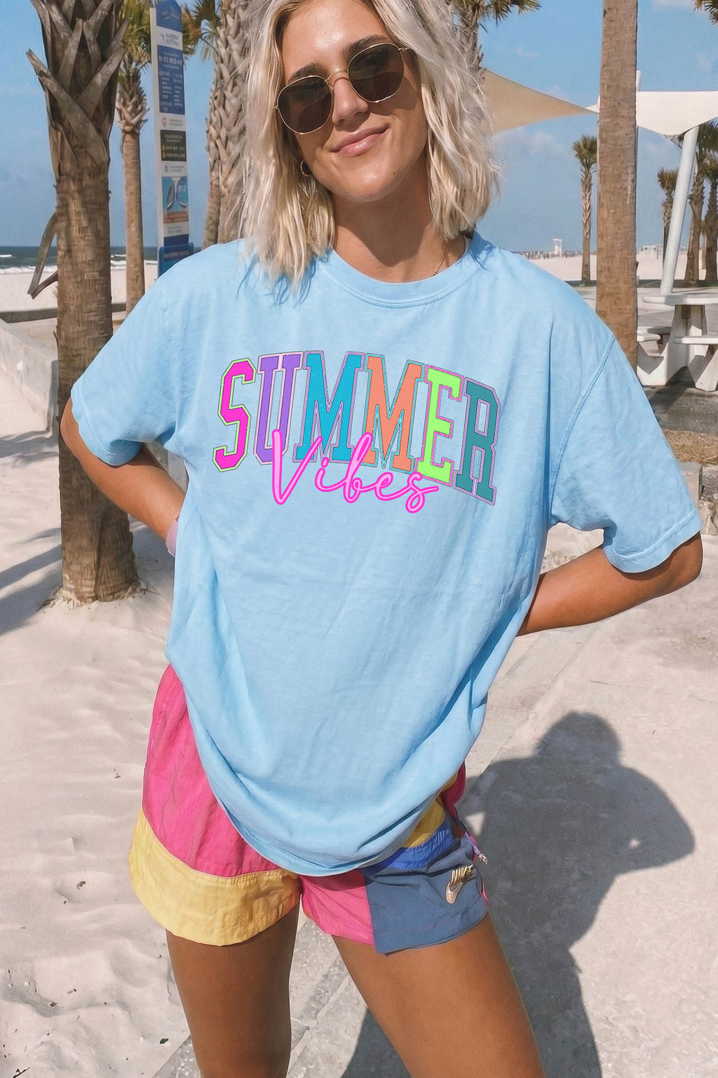 SUMMER Vibes Letter Print Round Neck Casual T-Shirt