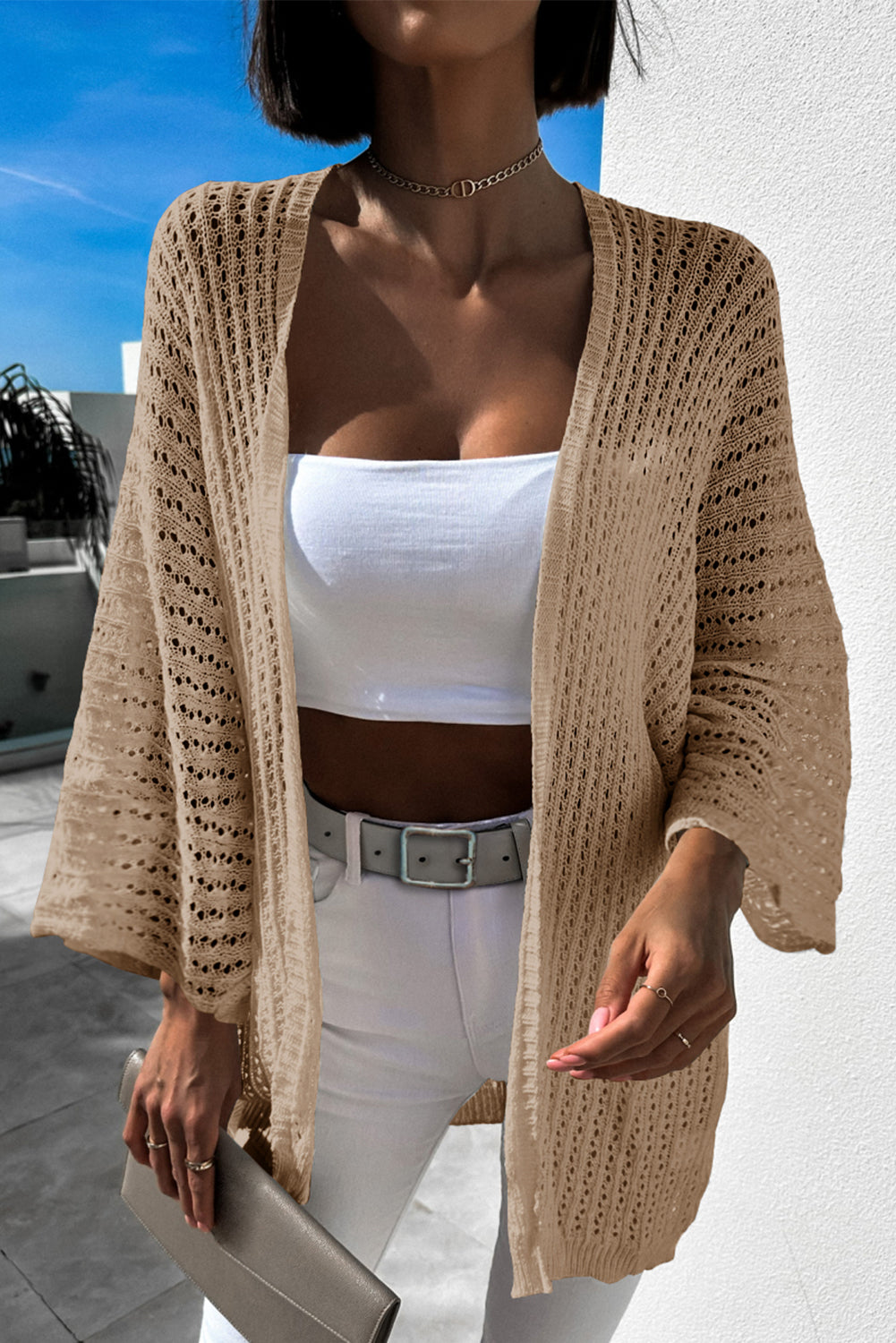 Solid Color Crochet Knit Tunic Sweater Cardigan