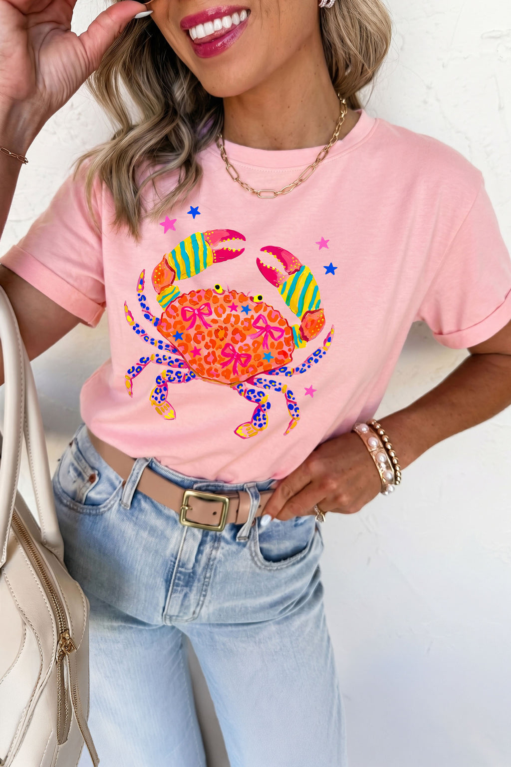 Crab Print Casual Round Neck T Shirt