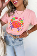 Crab Print Casual Round Neck T Shirt