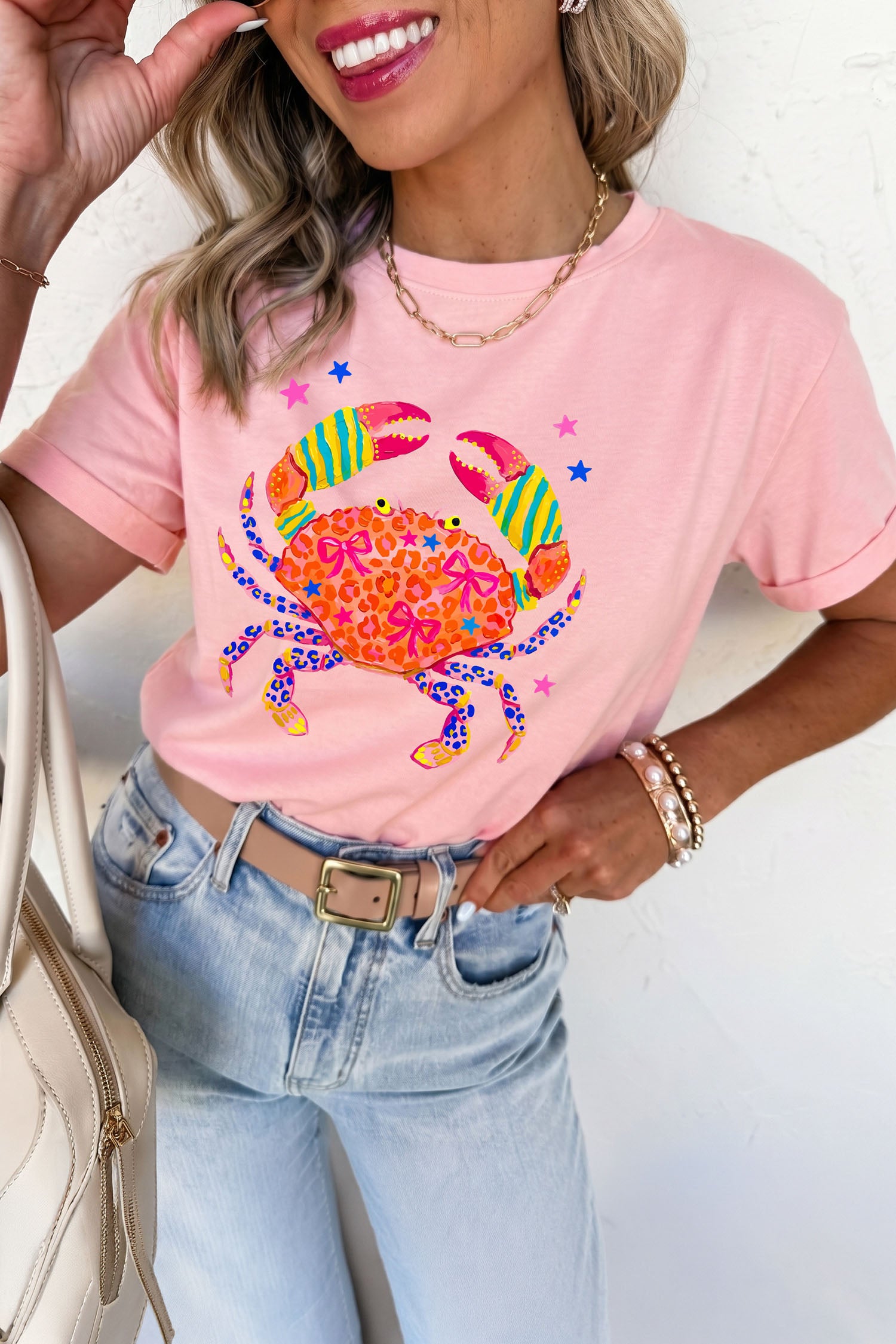 Crab Print Casual Round Neck T Shirt