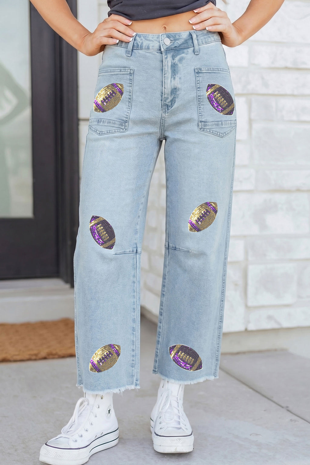 Sequin Rugby Patch Ankle Length Casual Jeans