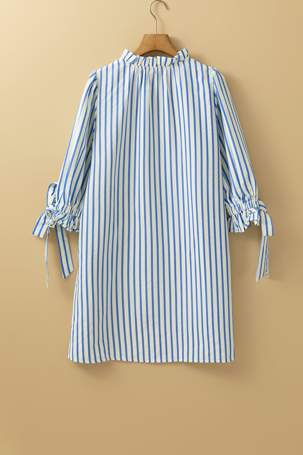 Striped Notched Neck Knot Cuffs Mini Dress