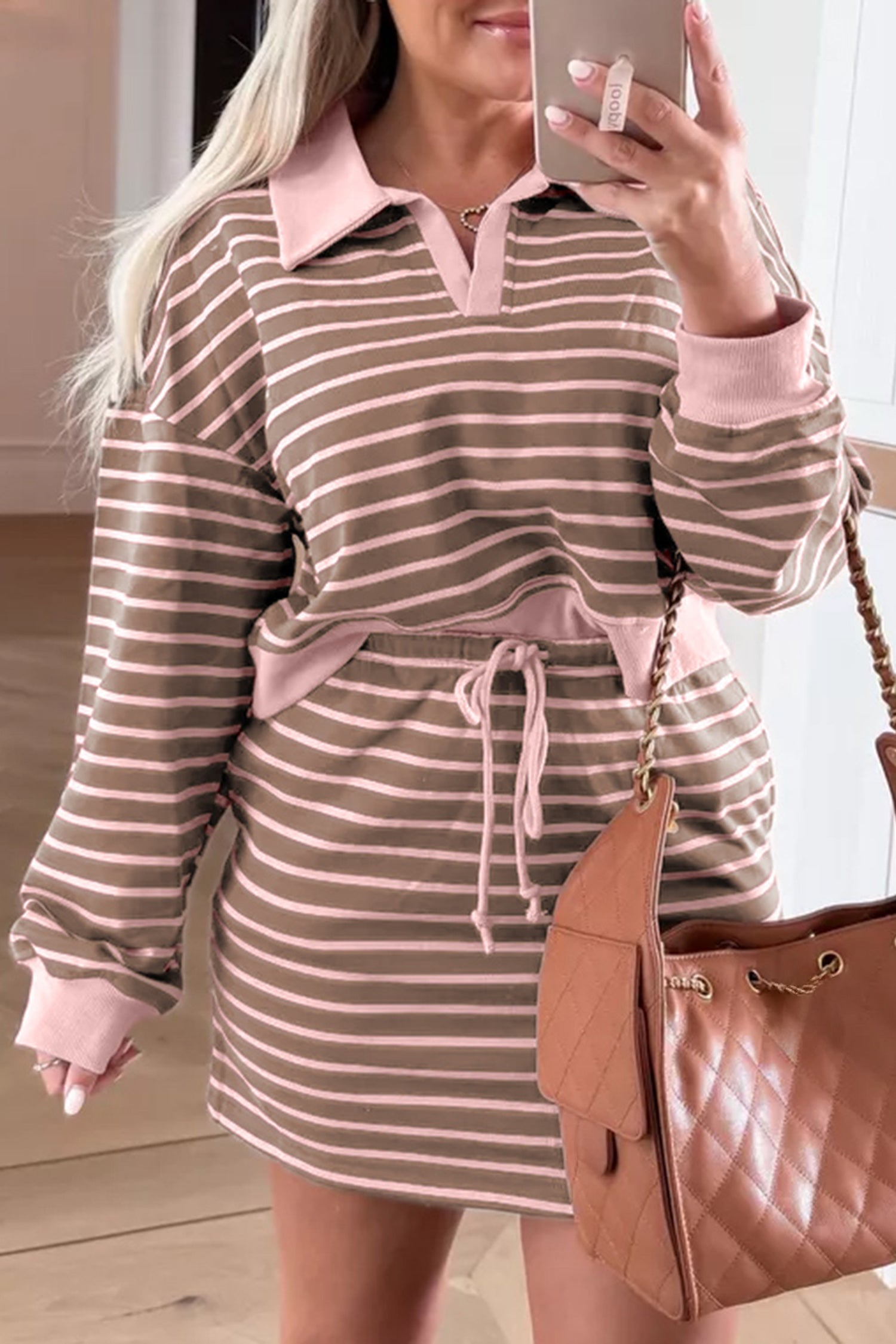 Stripe Long Sleeve Mini Skirt Skirt Set