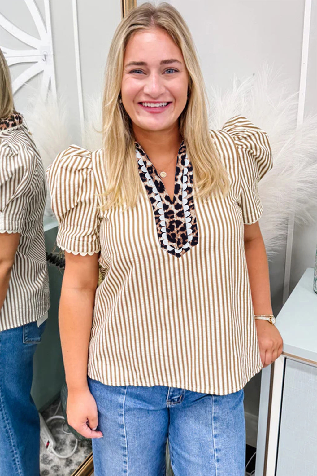 Stripe Short Puff Sleeve Leopard Blouse