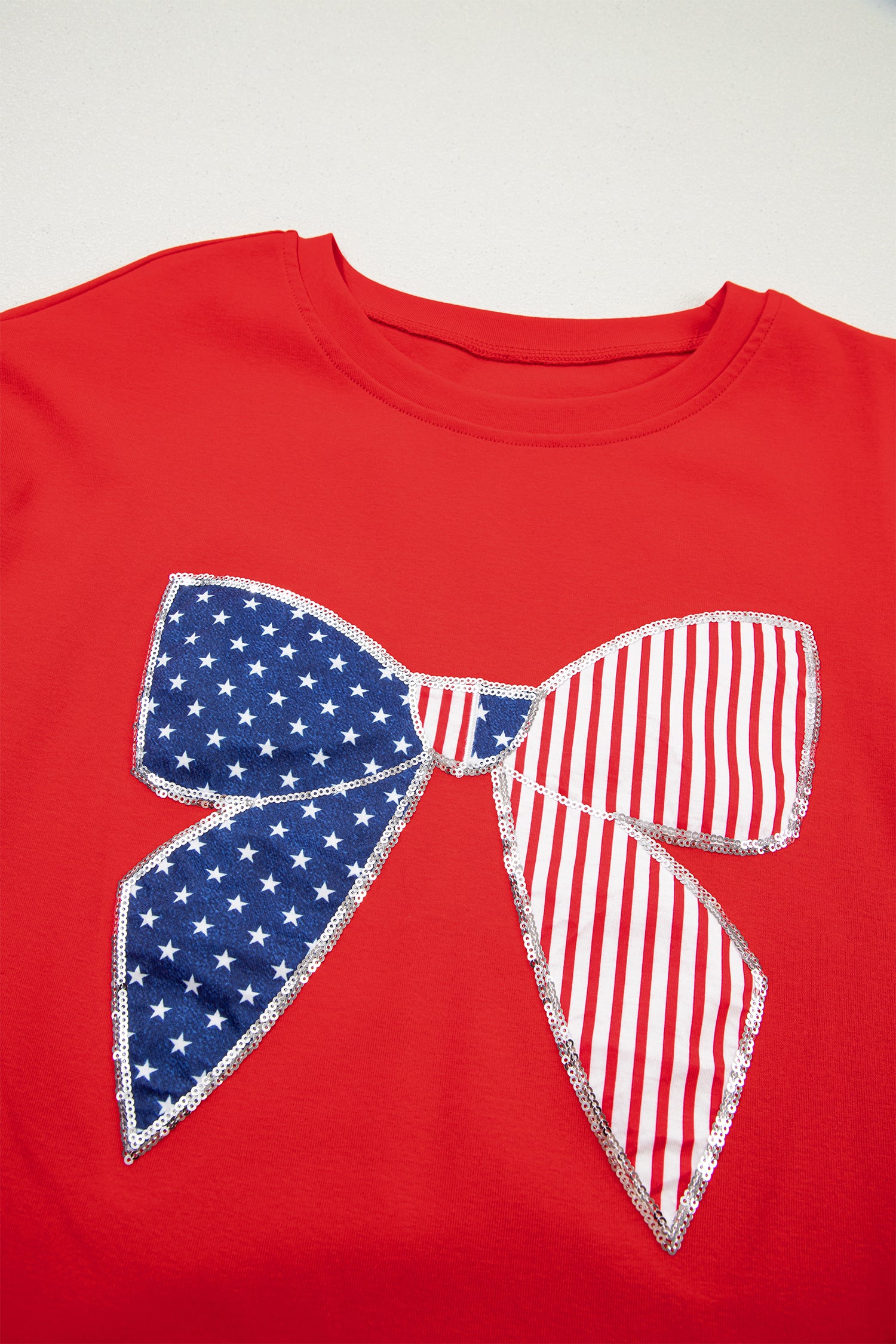 Sequin Trim Stars and Stripes Bow Patched T Shirt Mini Dress