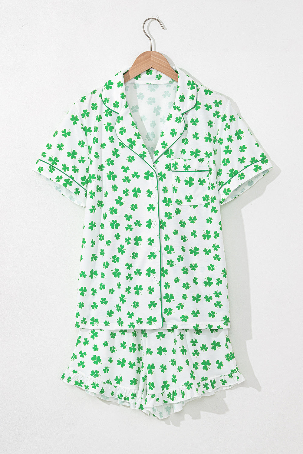 Bow Shirt and Ruffle Hem Shorts Pajama Set