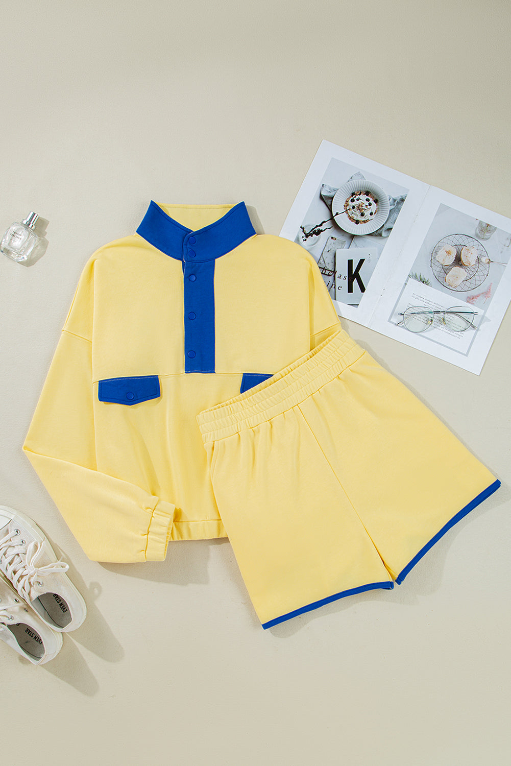 Half Button Pullover and Shorts Outfit