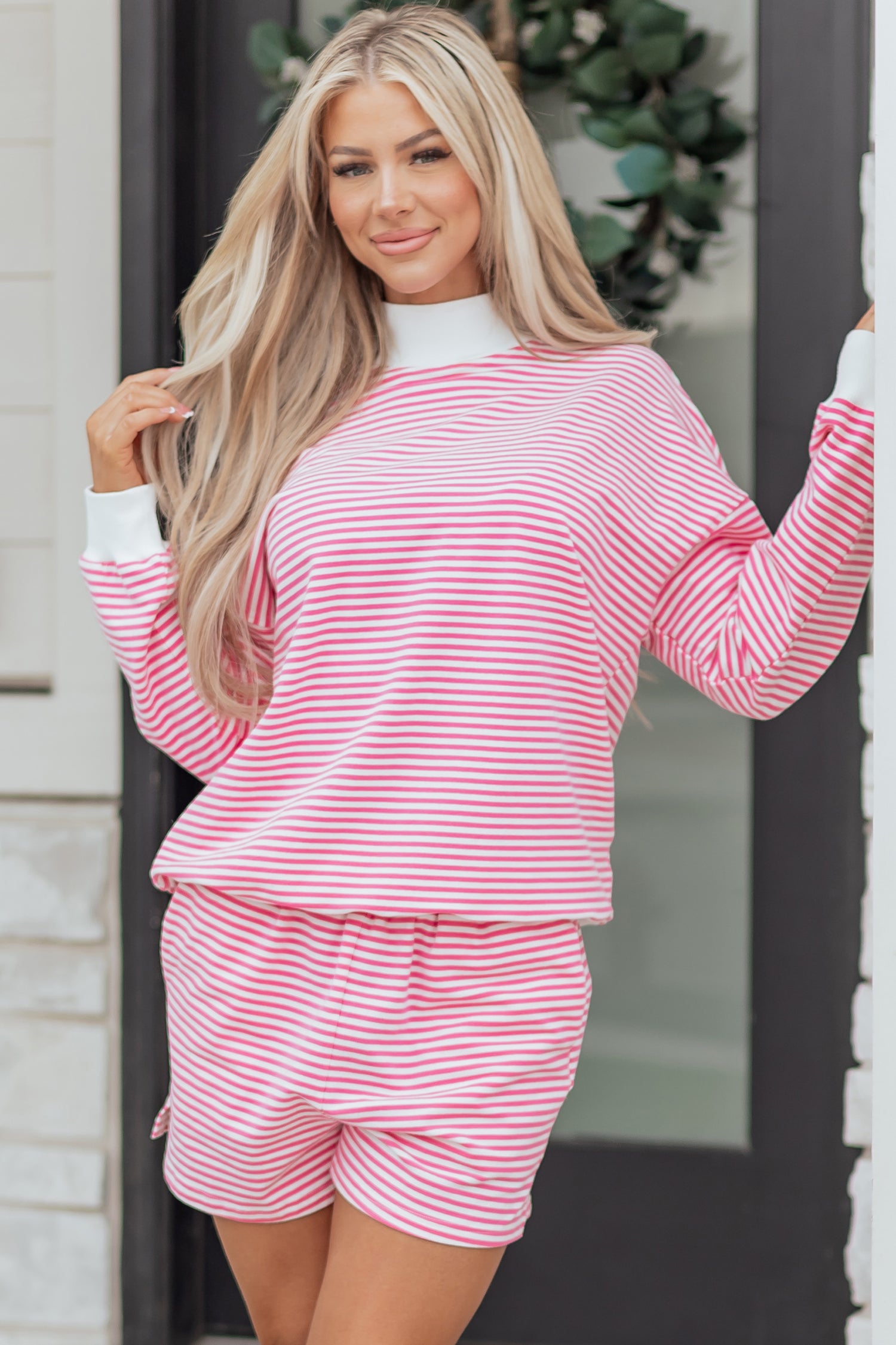 Stripe Oversize Mock Neck Sweatshirt and Shorts Set