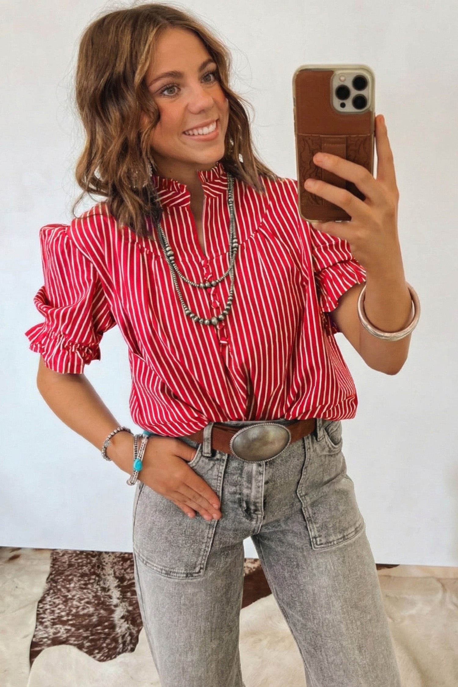 Stripe Ruffled Short Puff Sleeve Blouse