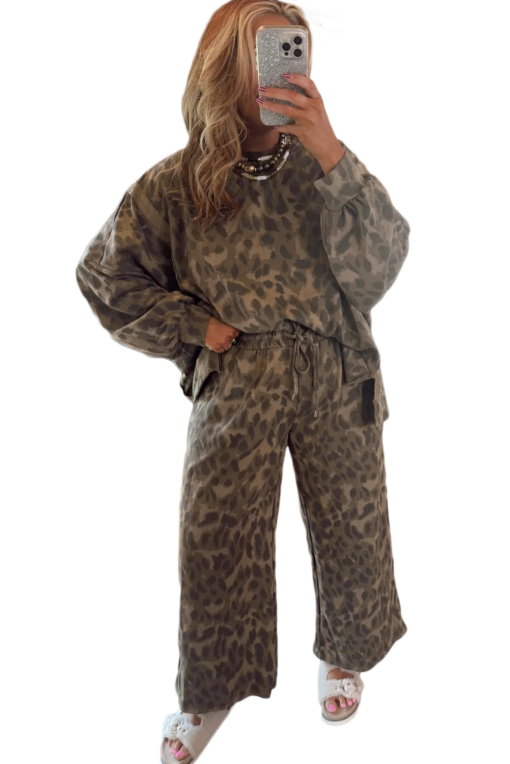 Leopard Print Pullover Drawstring Loose Pants Set