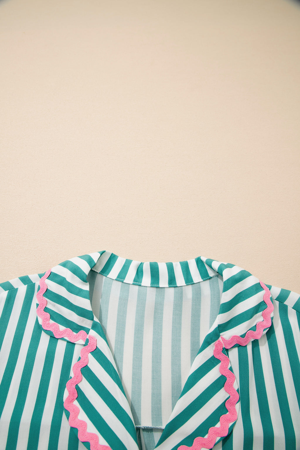 Long Sleeve Shirt Drawstring Ruffled Pajama Short Set
