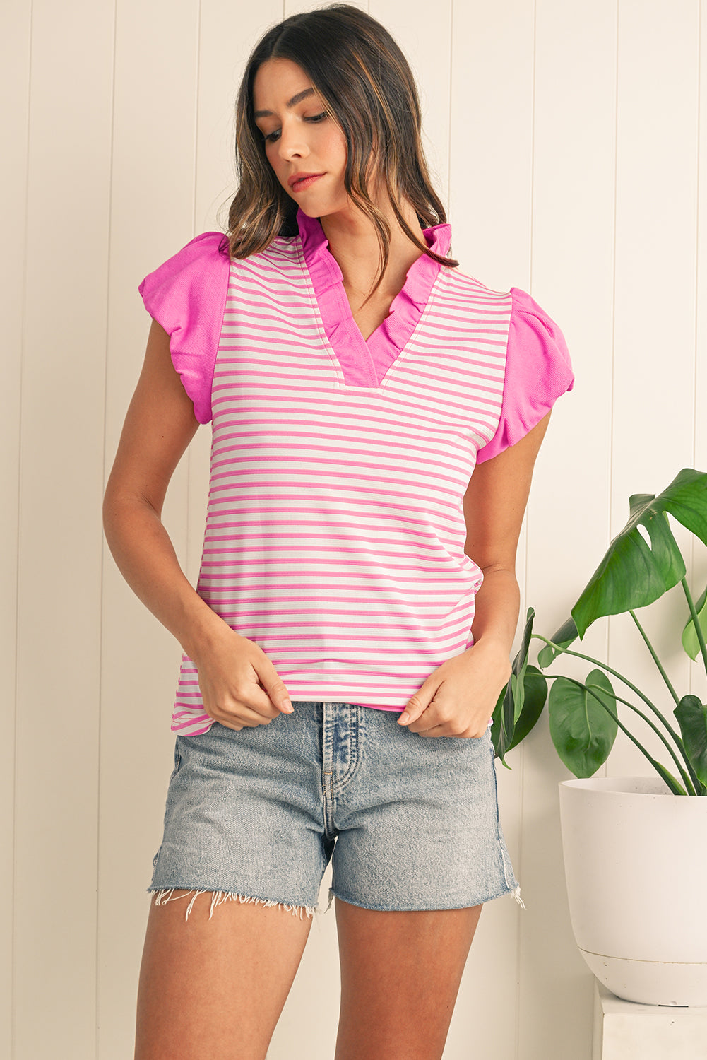 Puff Sleeve Pop of Color  Blouse