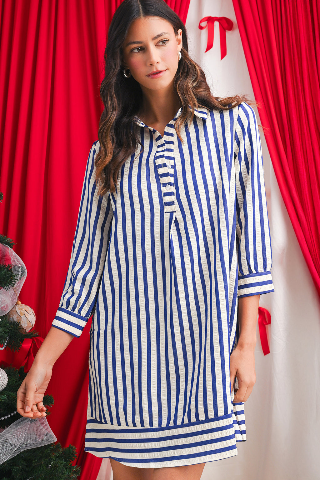 Half Button Side Pockets Loose Fit Mini Dress
