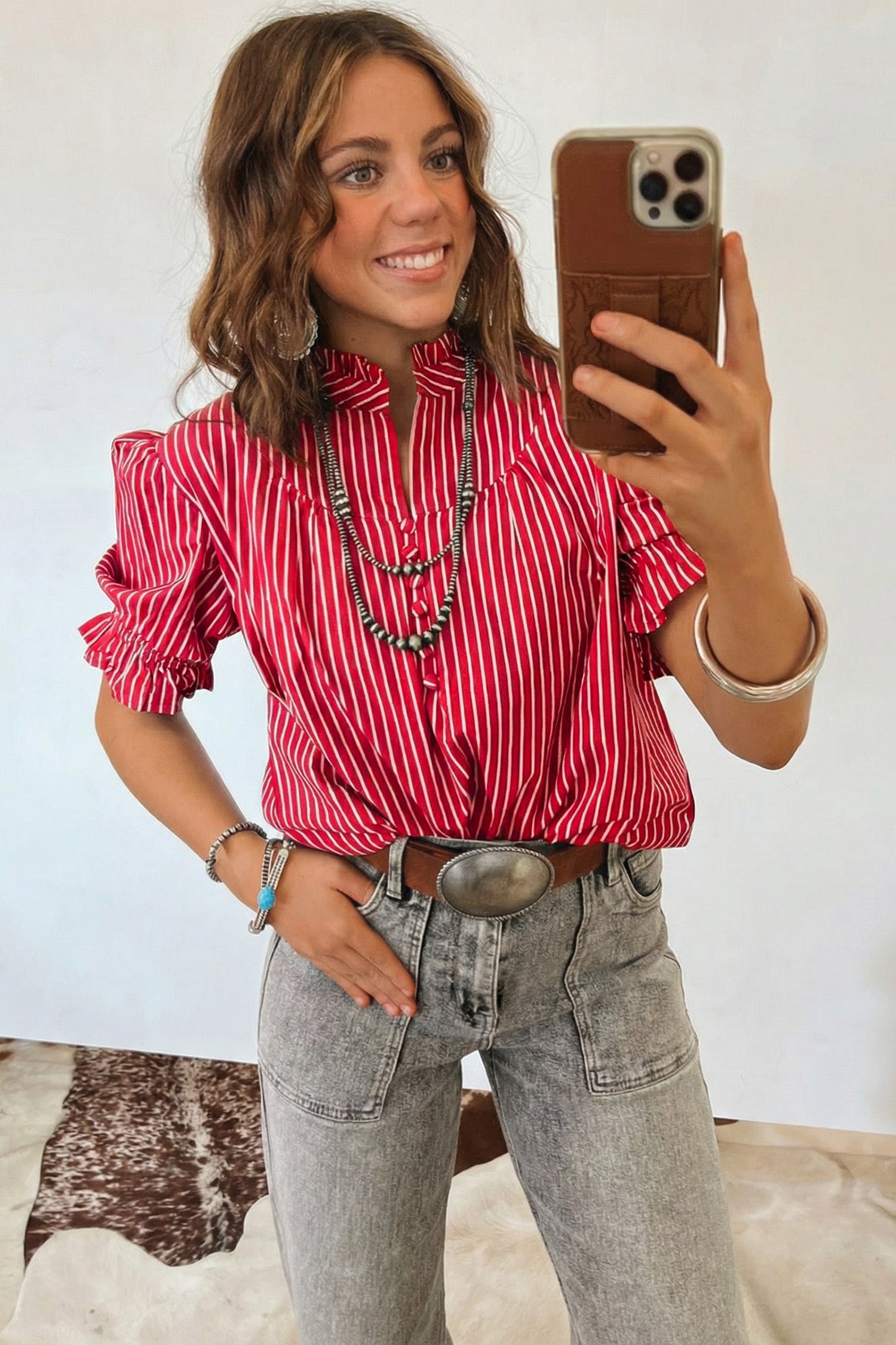 Stripe Ruffled Short Puff Sleeve Blouse