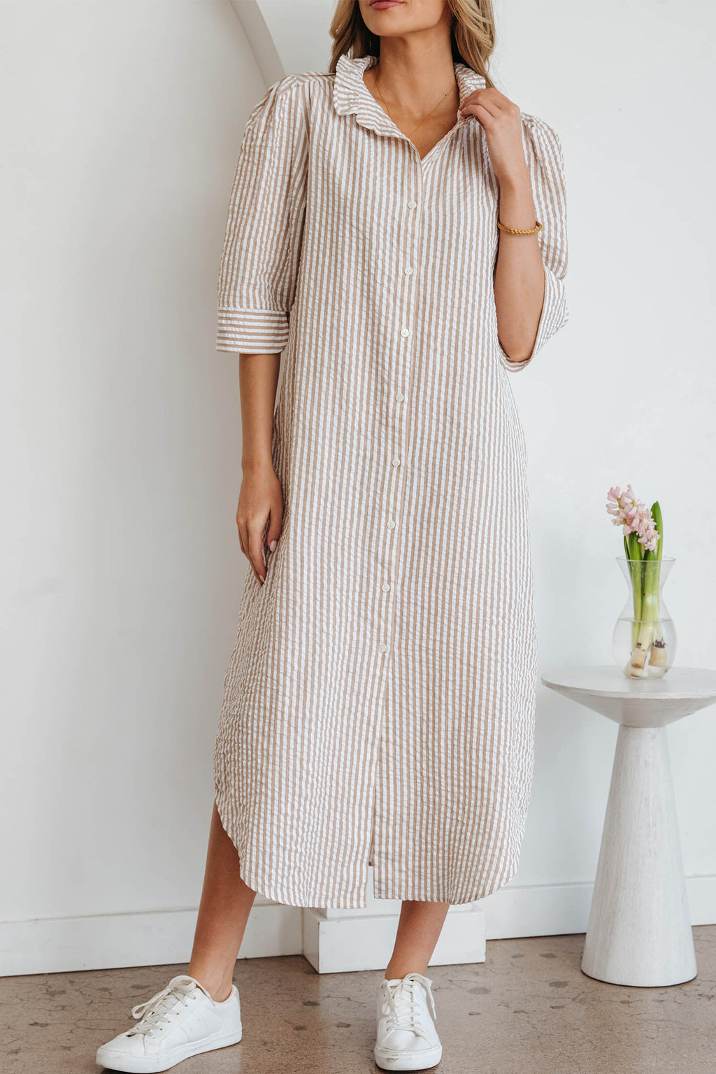 Stripe Frilled Collar Half Sleeve Shirt Maxi Dress