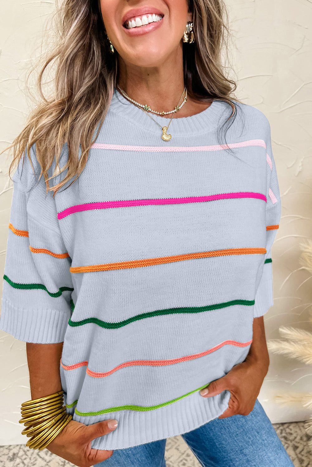Striped Half Sleeve Drop Shoulder Sweater