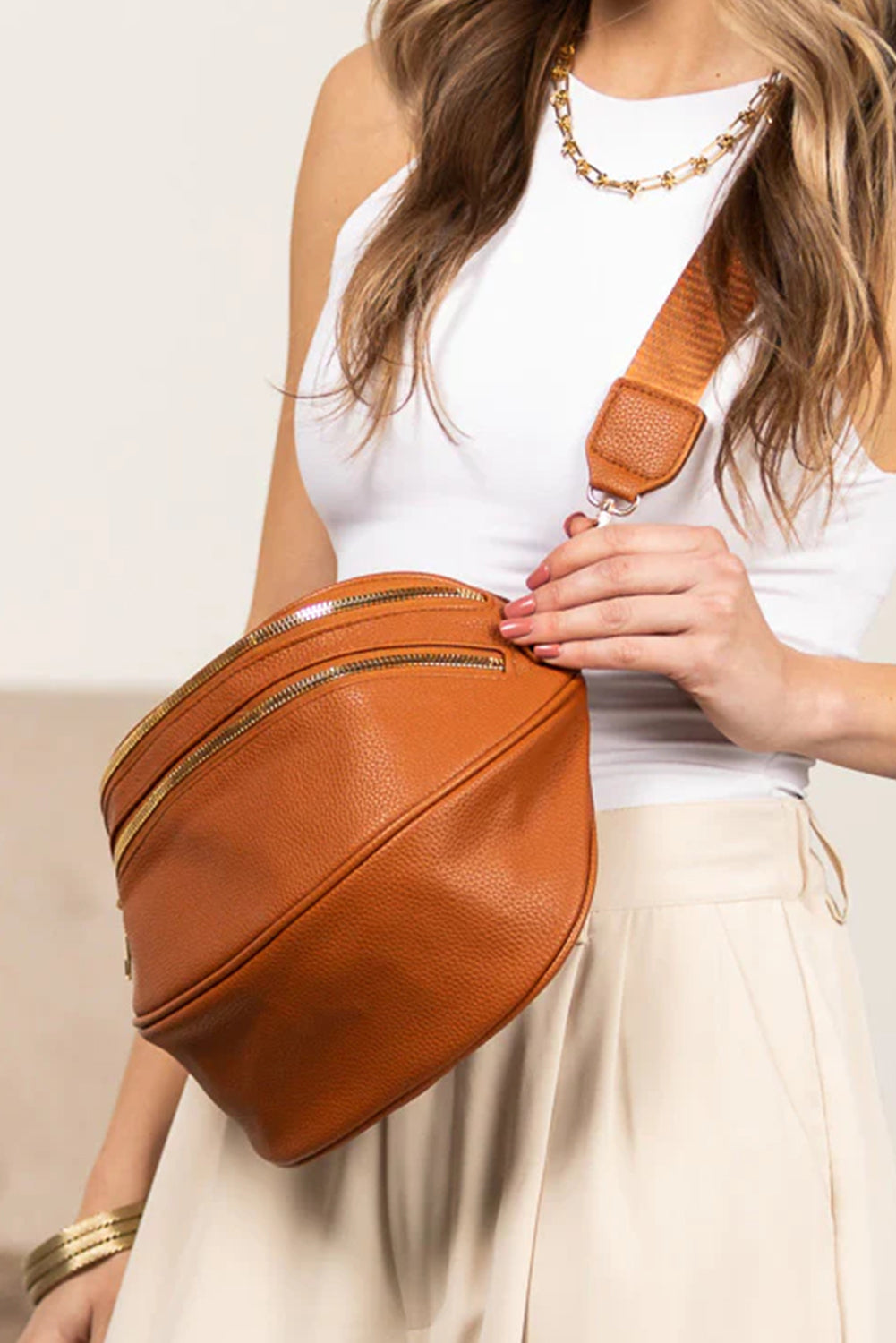 Leather Double Zipper Crossbody Bag