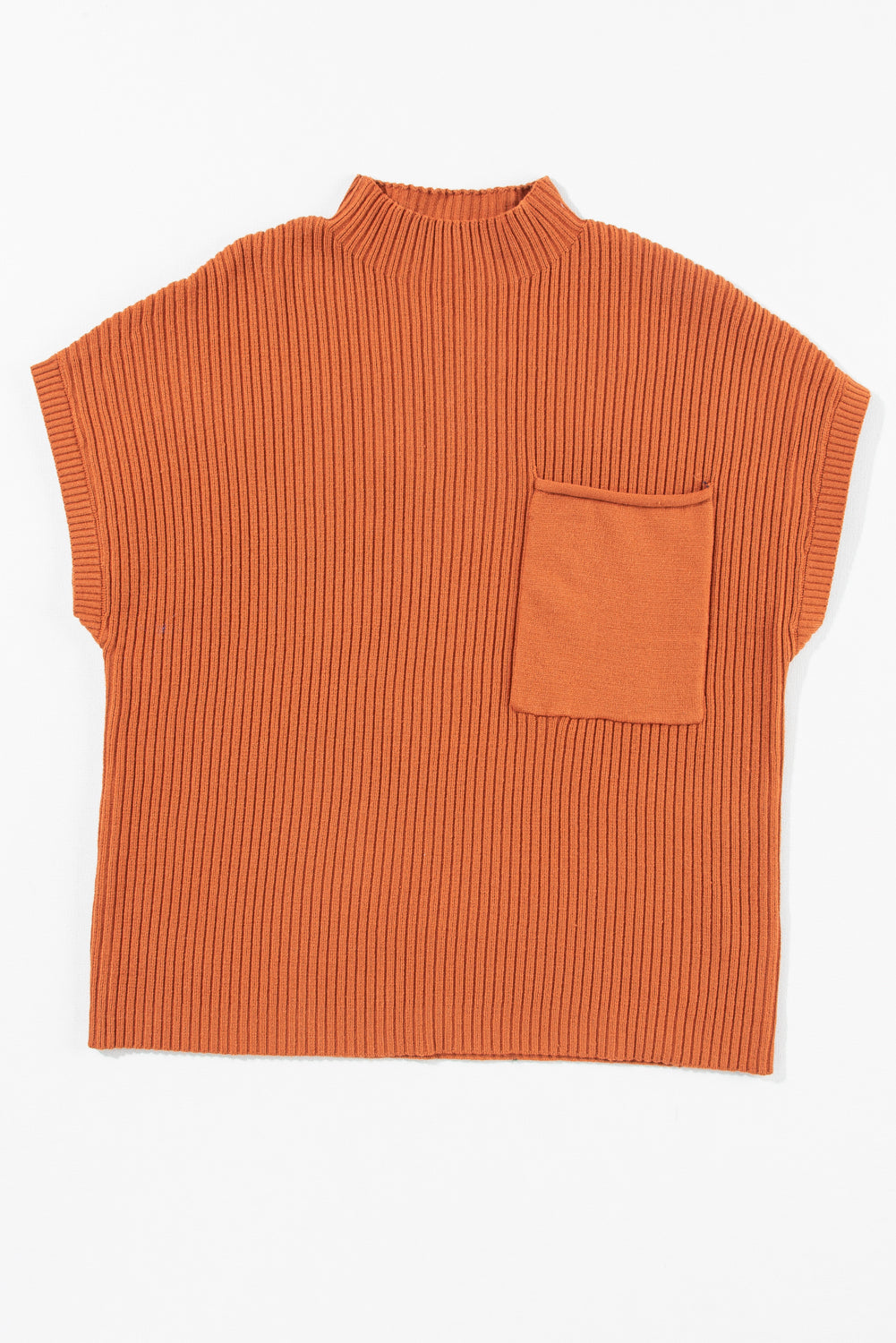 Gray Patch Pocket Ribbed Knit Short Sleeve Sweater