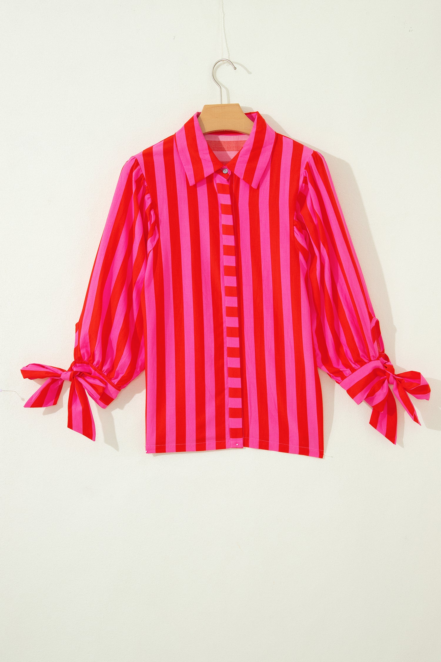 Stripe Tie Puff Sleeve Womens Button Down Shirt