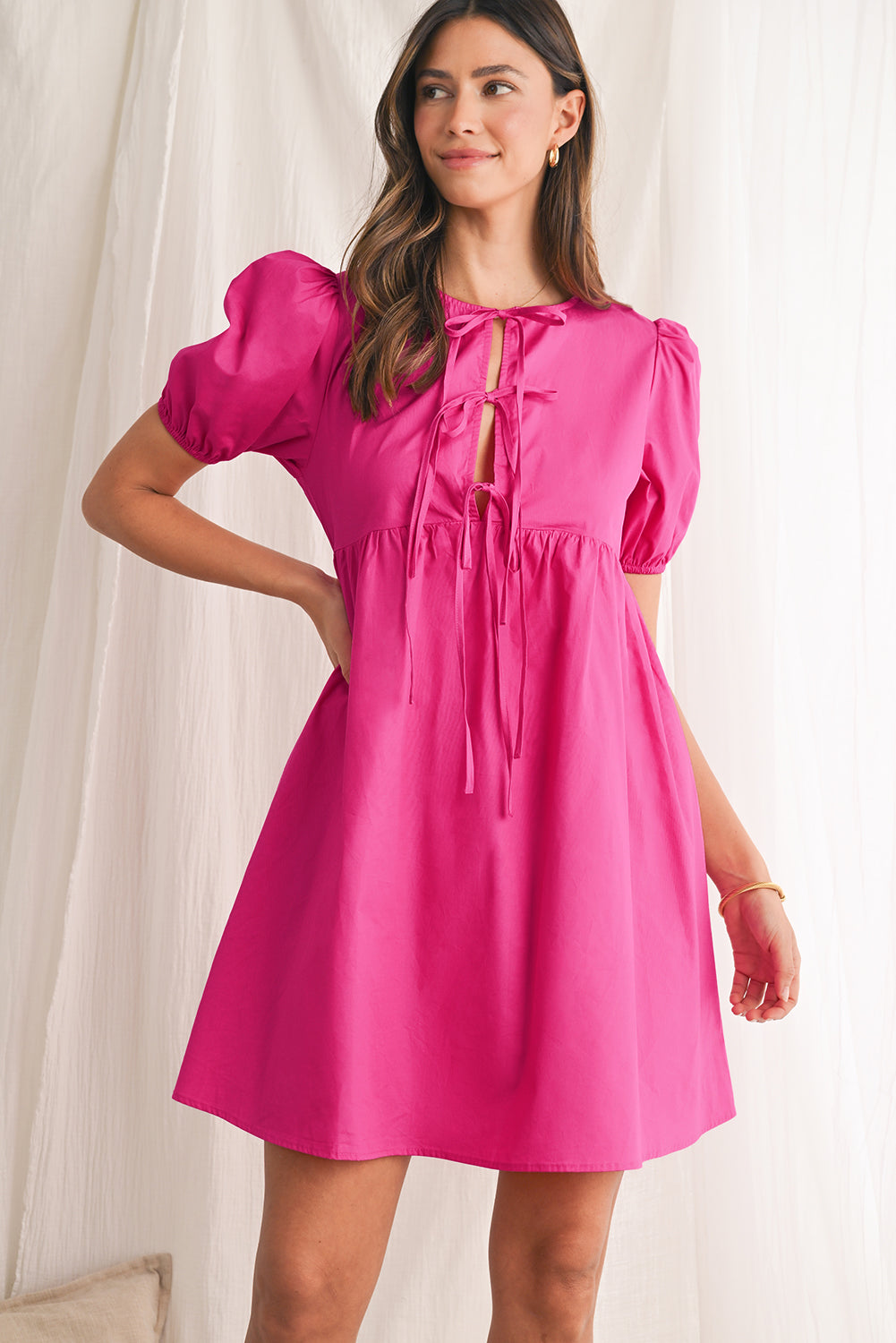 Tie Front Puff Sleeve Mini Dress