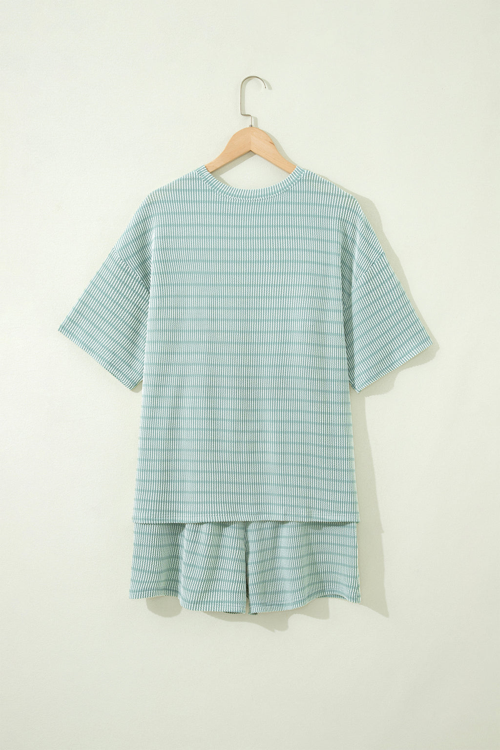 Sky Blue Stripe Raised Rib Loose Tee Drawstring Elastic Waist 2pcs Short Set